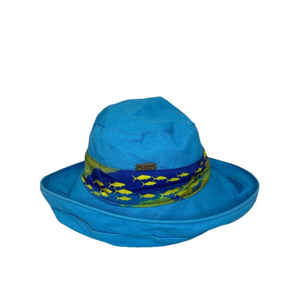 Guy Harvey Wide Brim Bucket Hat Fishing Outdoor Sun Cover Light Blue Cap Womens